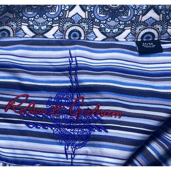 Robert Graham Mens Striped Long Sleeve Shirt M 100% Cotton Blue & White Pattern - Picture 5 of 7